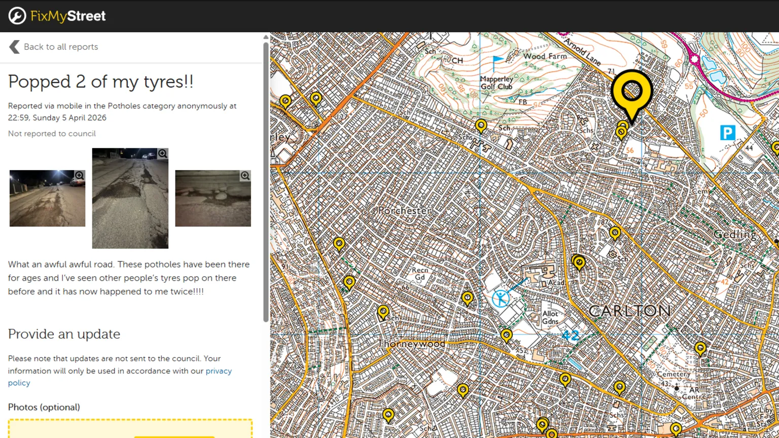 FixMyStreet A screenshot of a map from the Fix My Street website.