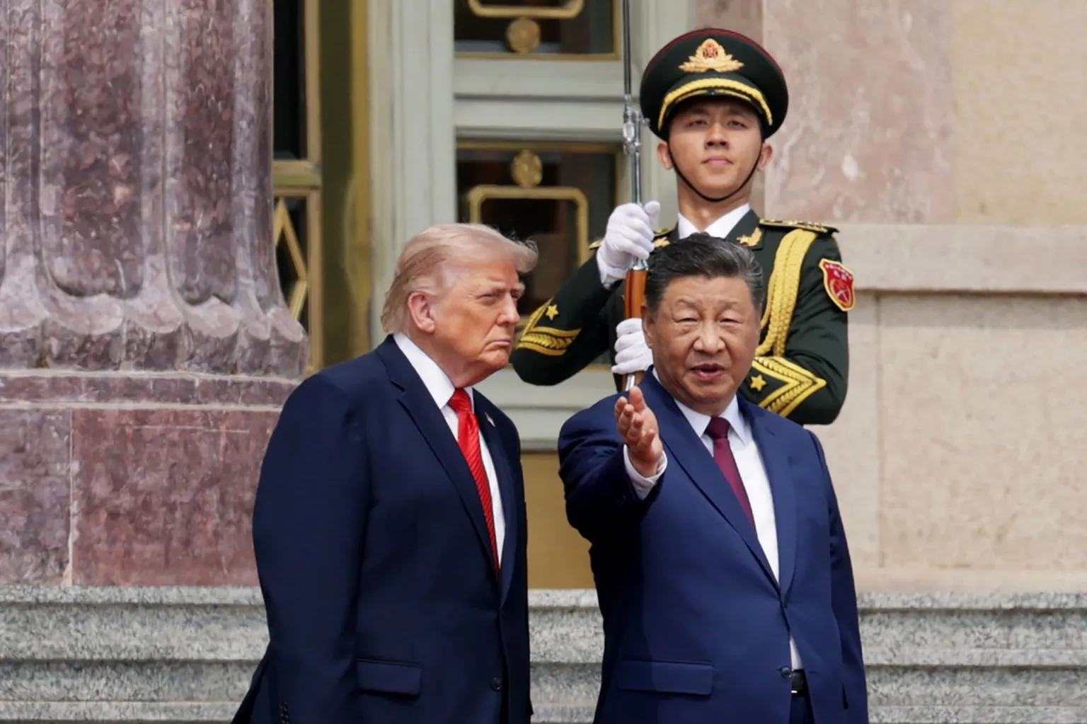 U.S. President Donald Trump and Chinese President Xi Jinping attend a welcome ceremony at the Great Hall of the People on May 14, 2026 in Beijing, China.