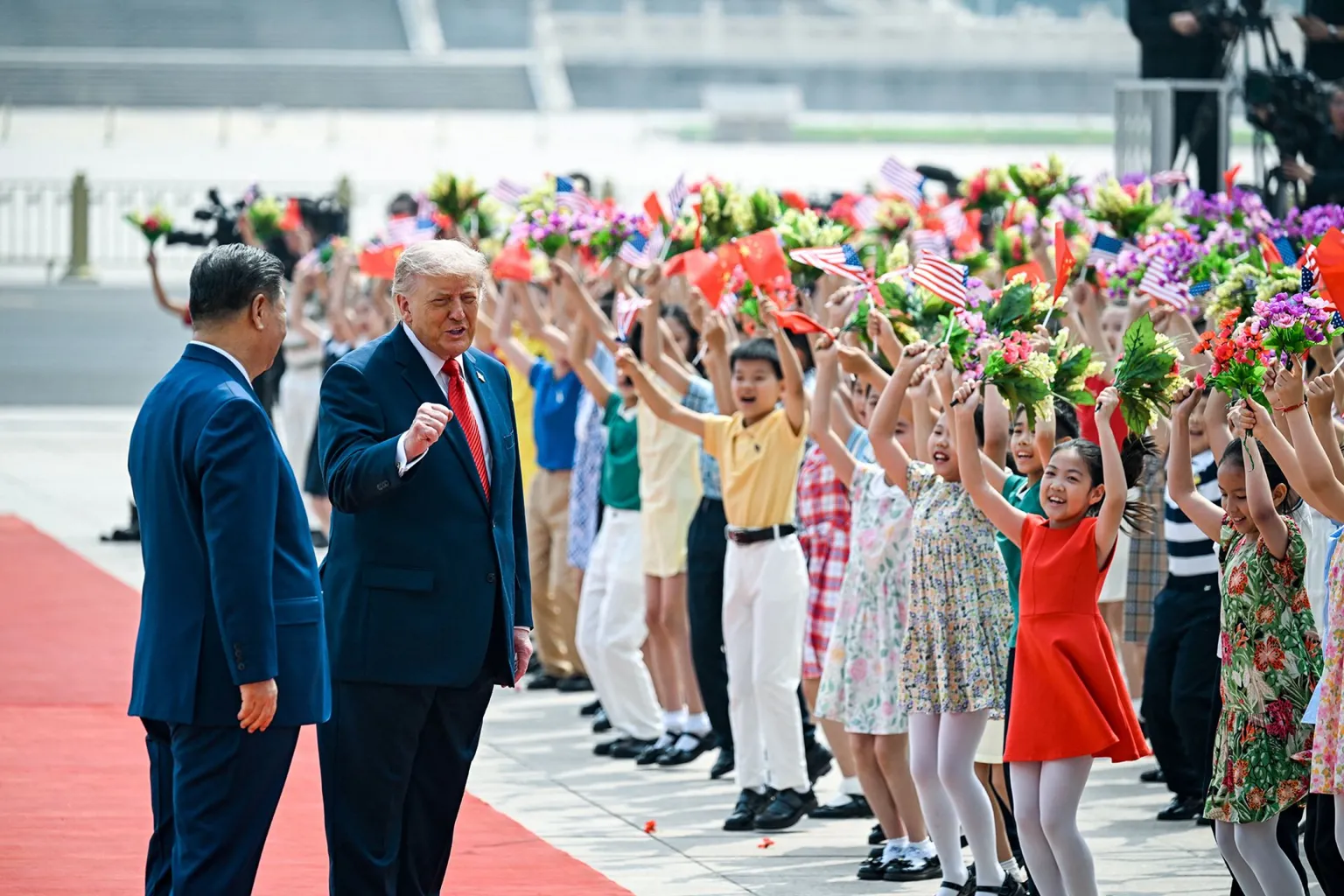 The scene as U.S. President Donald Trump participates in events at the Great Hall of the People and does a greeting with the President of the People’s Republic of China Xi Jinping May 14, 2026