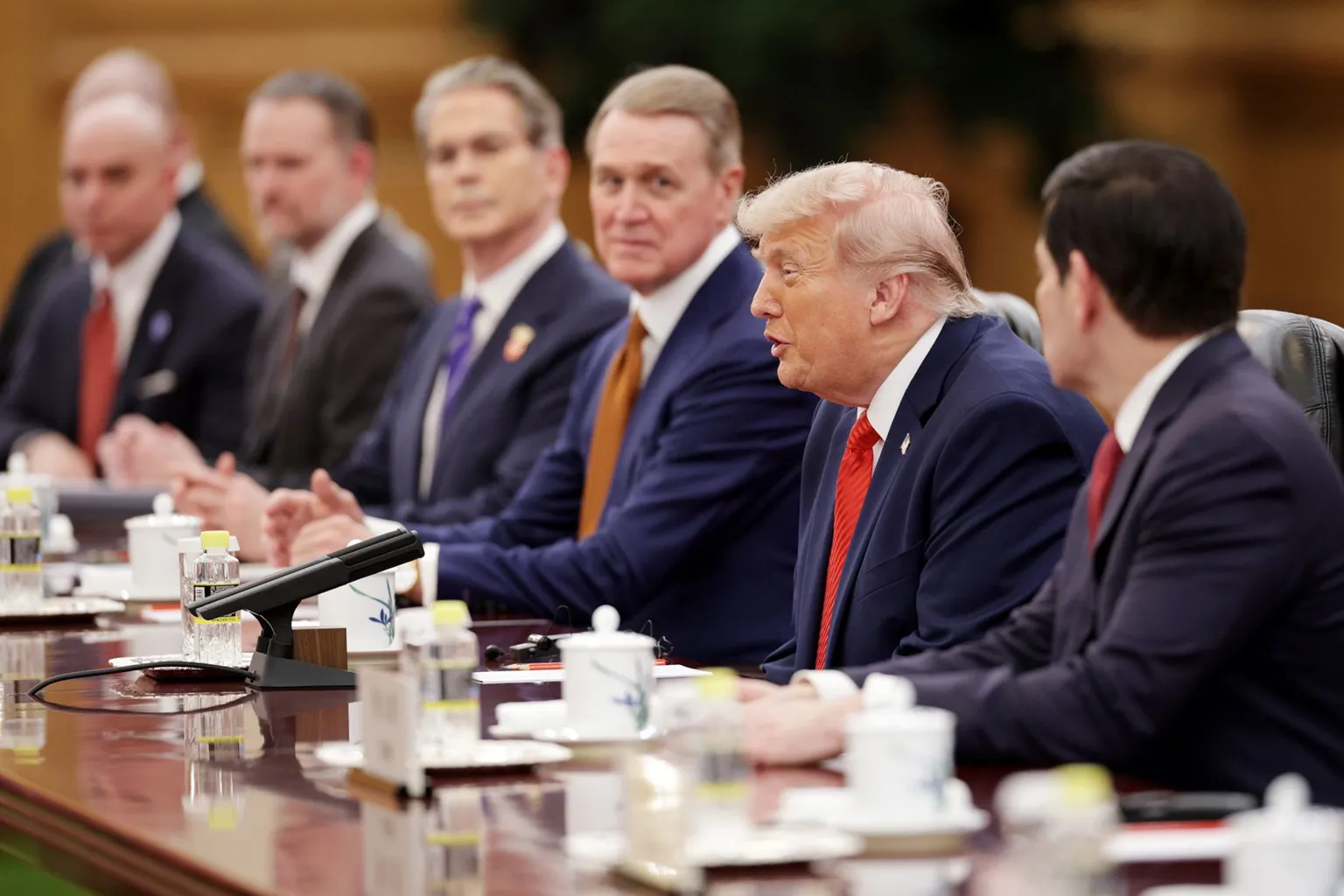 U.S. President Donald Trump speaks during a bilateral meeting with Chinese President Xi Jinping at the Great Hall of the People on May 14, 2026 in Beijing, China