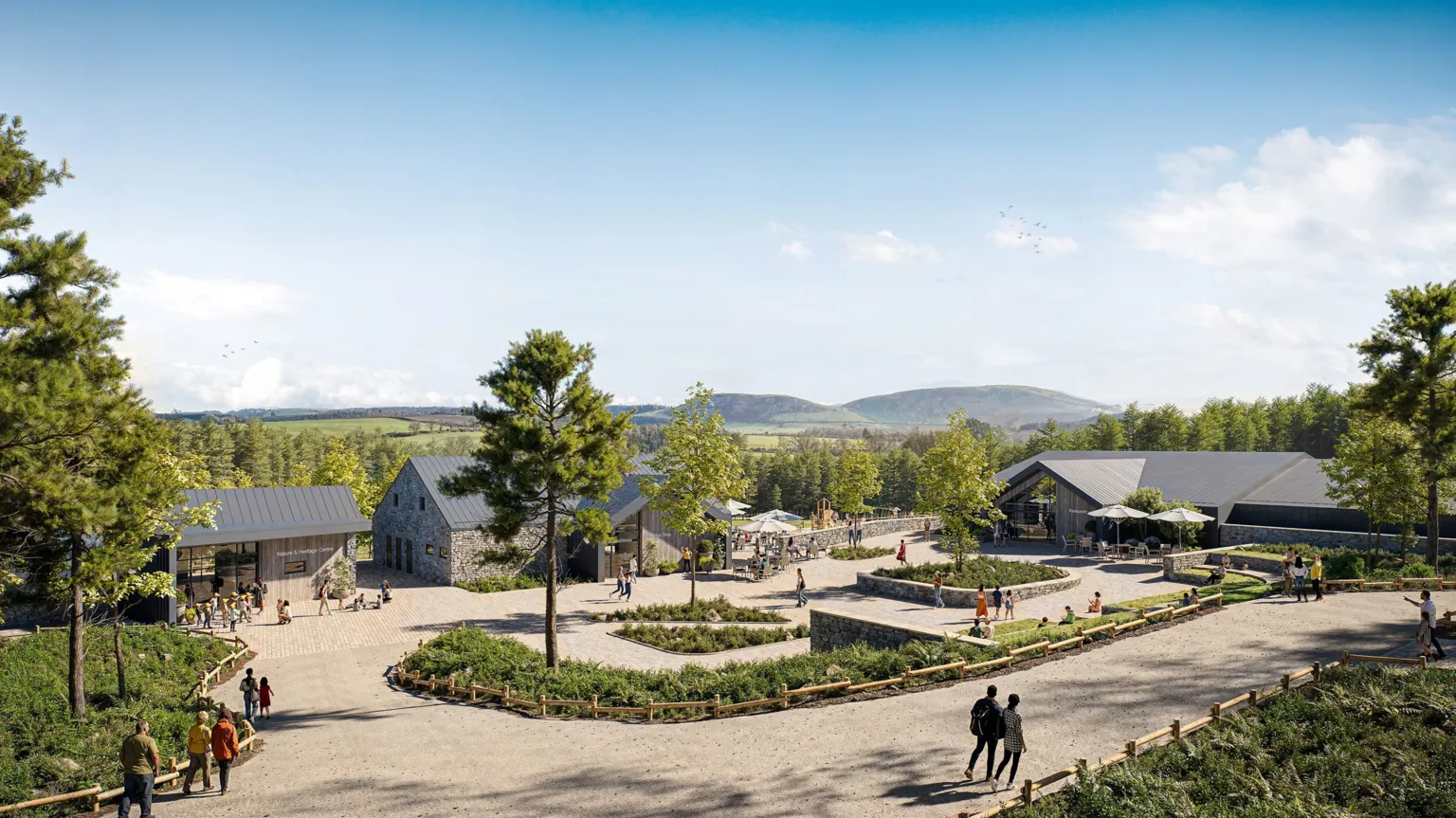 Center Parcs A computer generated image of a Center Parcs site with people wandering round a wooded area with stone buildings dotted around and hills in the background