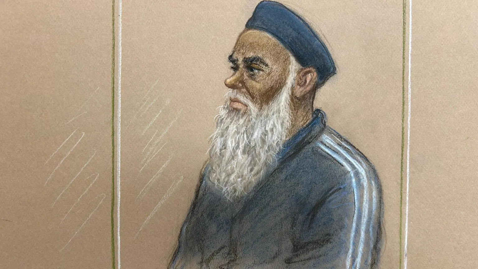 Julia Quenzler/BBC Court sketch shows a man in dock. He has a long, grey beard and is wearing a kufi