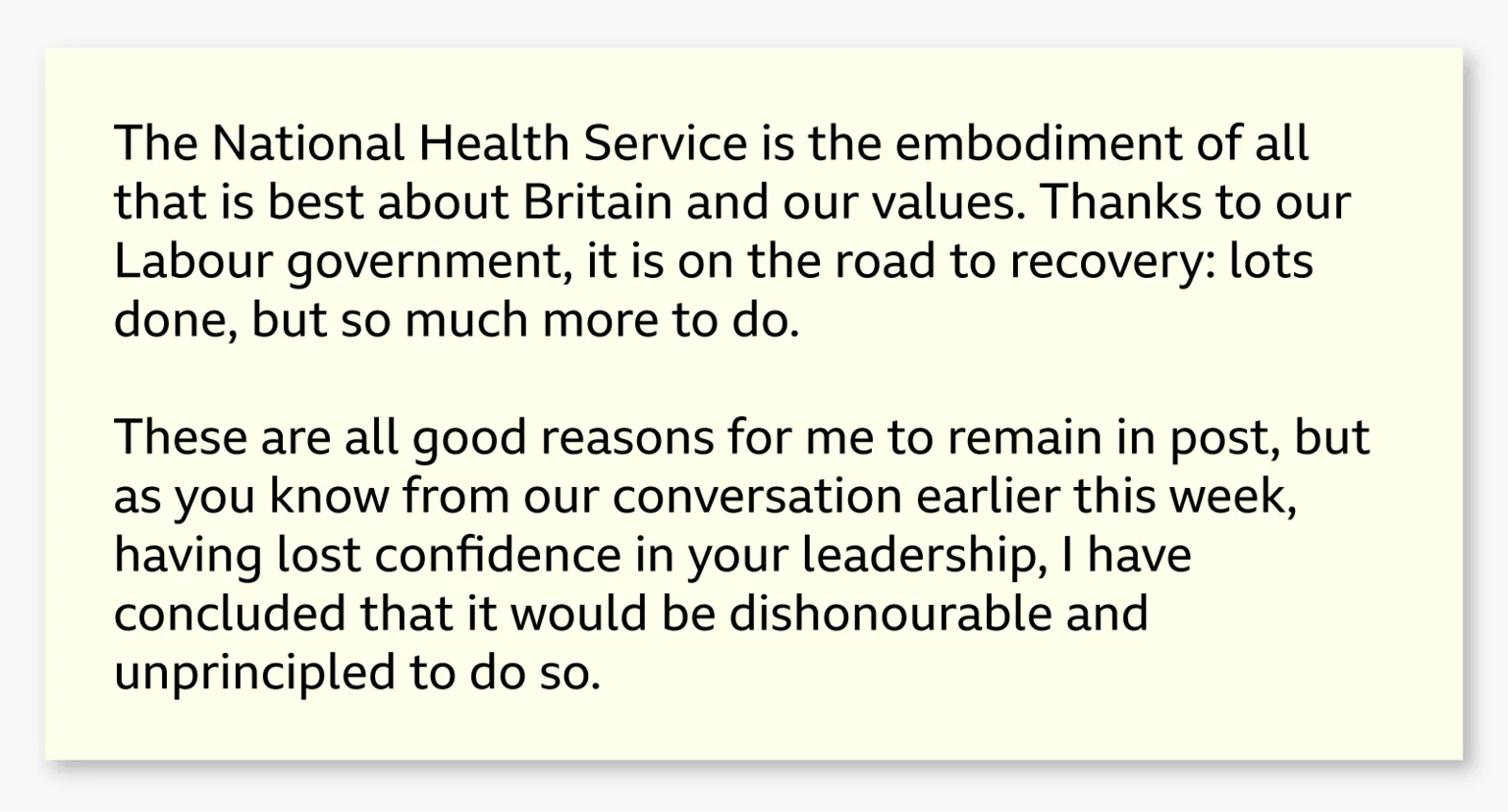 Graphic showing an excerpt from Wes Streeting’s resignation letter reading: