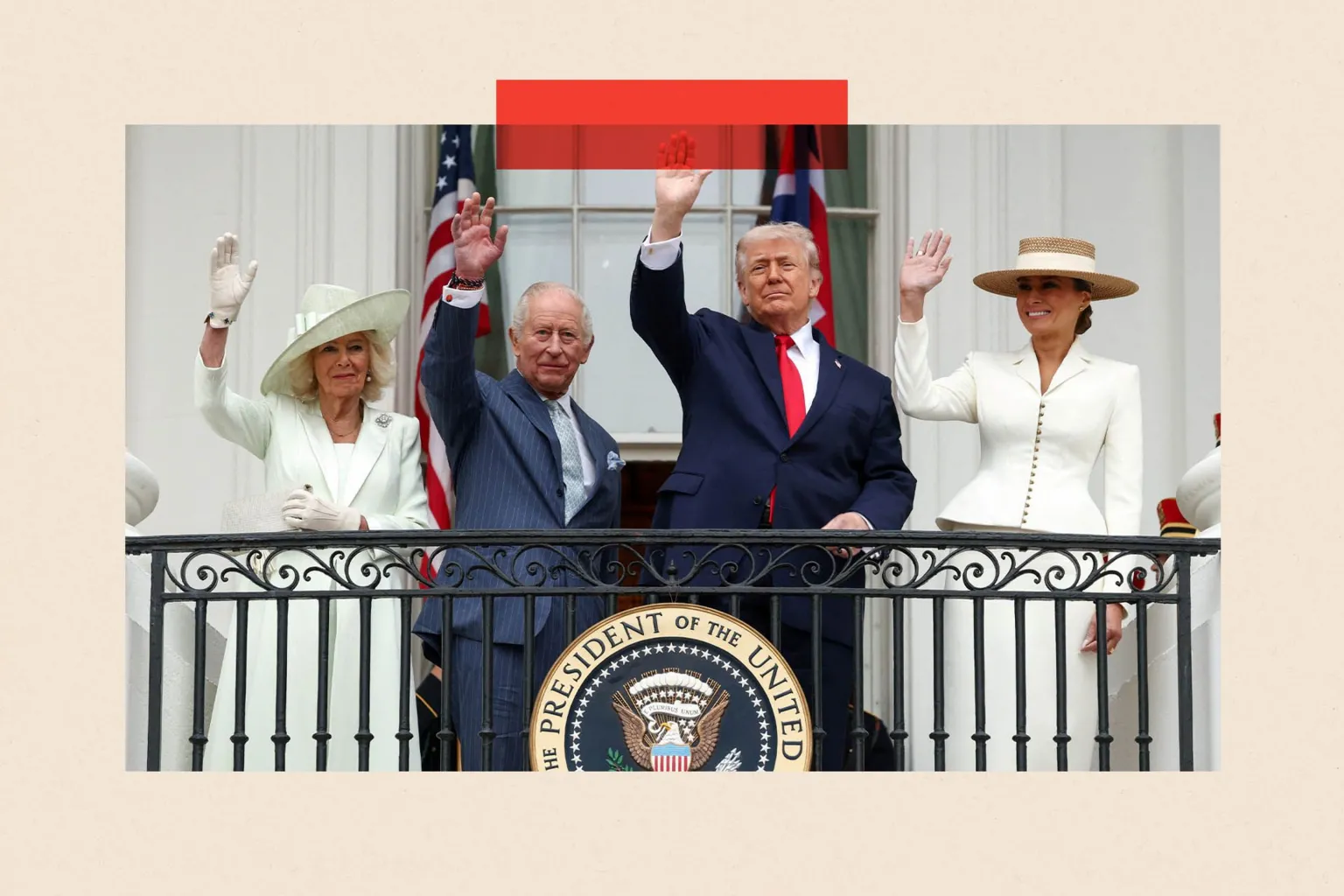  U.S. President Donald Trump, Britain's King Charles, Queen Camilla and U.S. first lady Melania Trump wave from a balcony