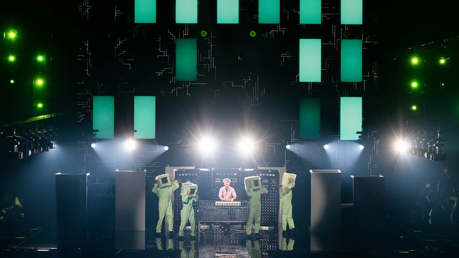 EBU A wide shot of Look Mum No Computer on stage at the Eurovision Song Contest