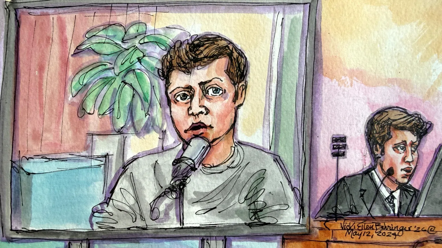  A court sketch of Sam Altman watching a screen showing himself on a podcast.