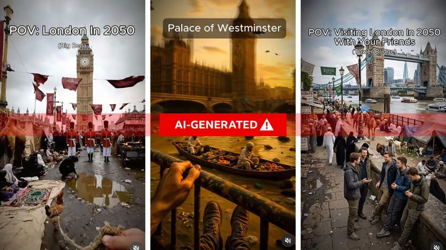 A composite image showing three stills from AI-generated videos, with one showing 