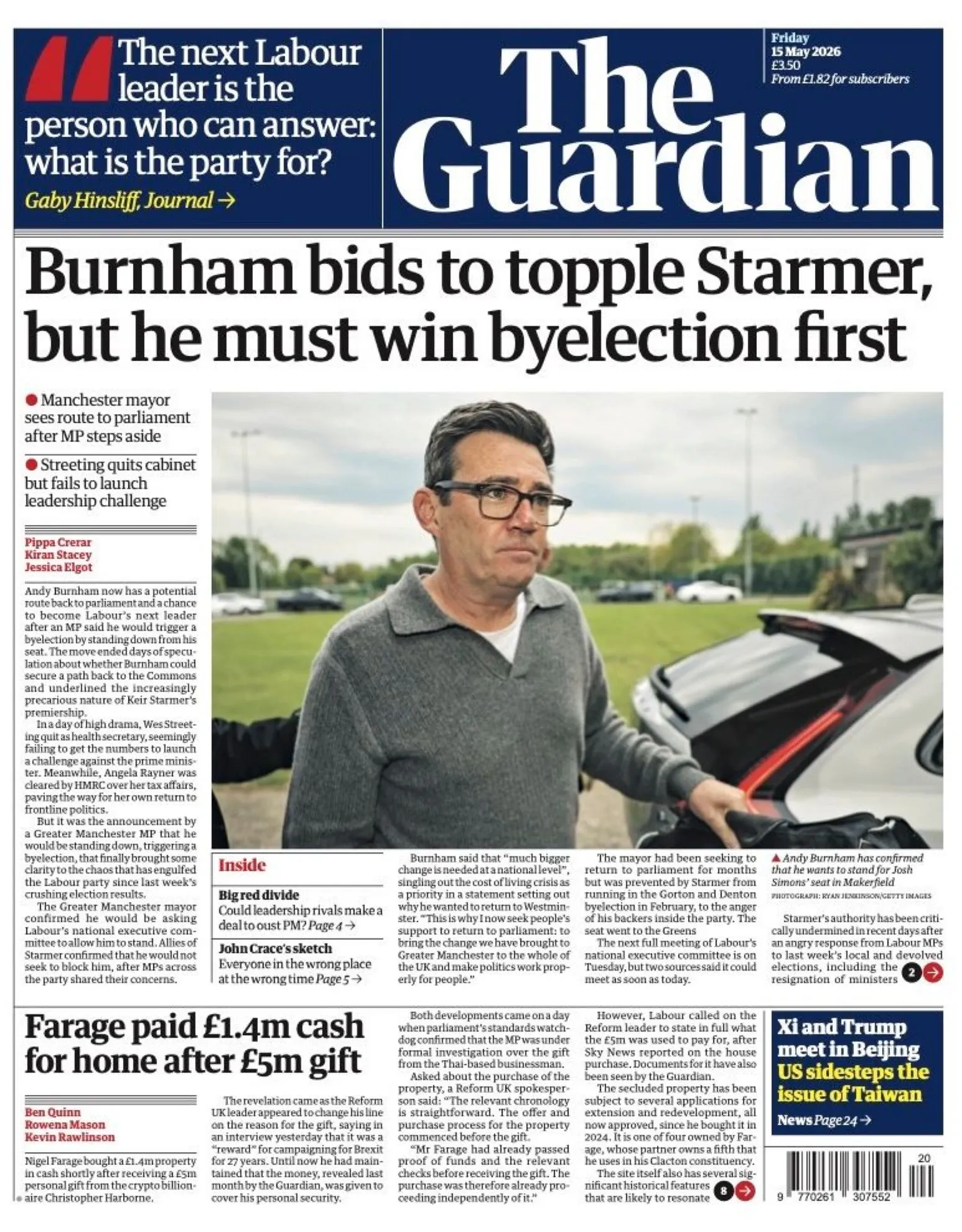 The headline on the front page of reads: “Burnham bids to topple Starmer, but he must win byelection first”.