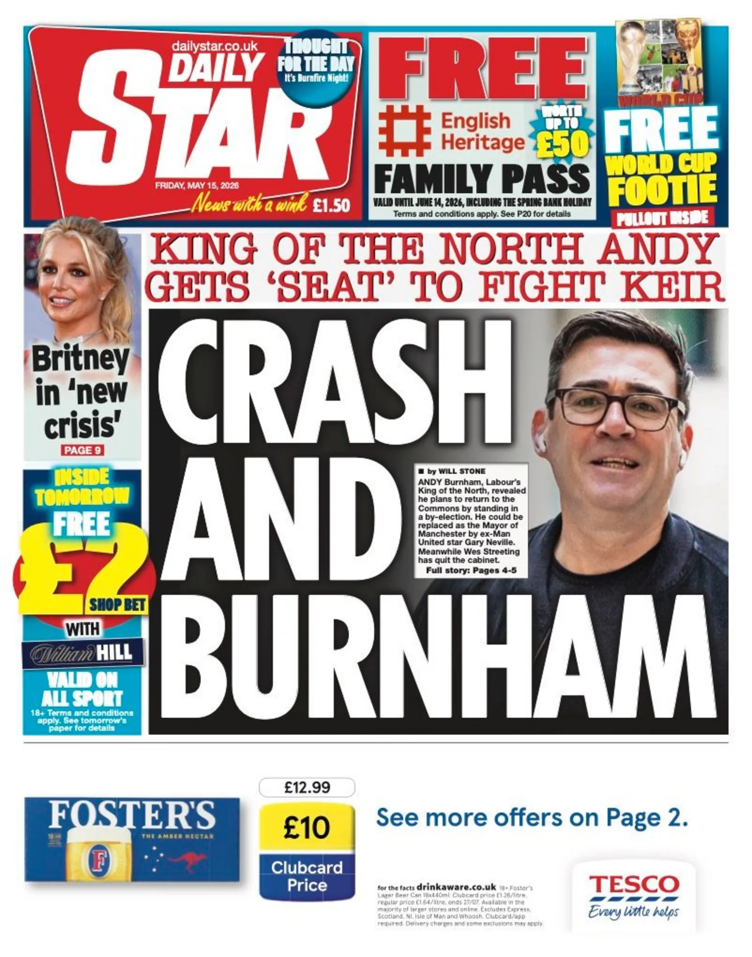 The headline on the front page of the Daily Star reads: “Crash and Burnham”.