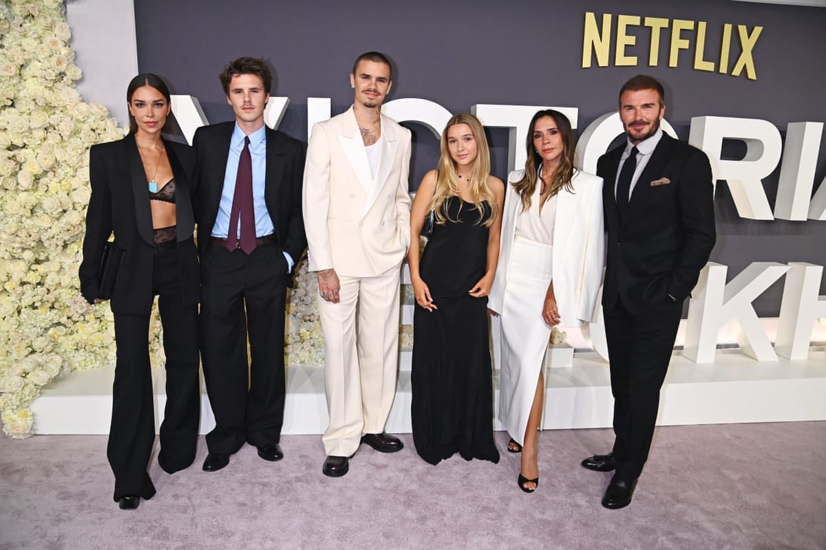 Jackie Apostel, Cruz Beckham, Romeo Beckham, Harper Beckham, Victoria Beckham and David Beckham (left to right) attend the World Premiere of 