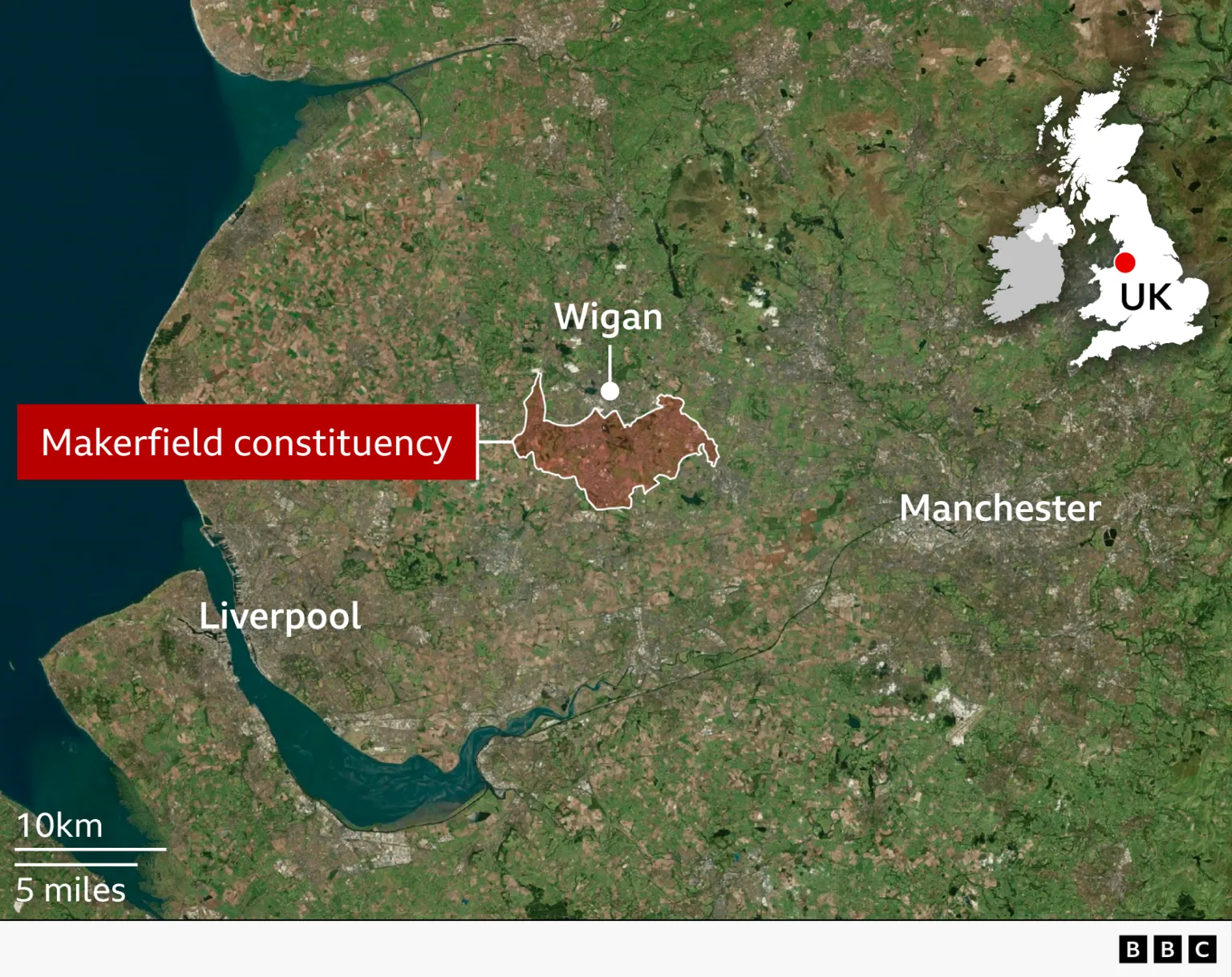 Map showing location of Makerfield constituency, just south of Wigan in Greater Manchester
