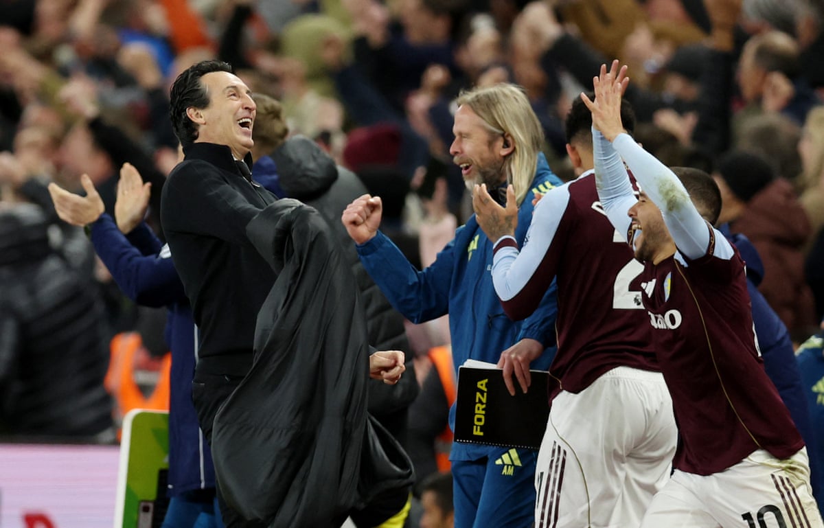 Aston Villa manager Unai Emery celebrates their fourth goal, scored by John McGinn.