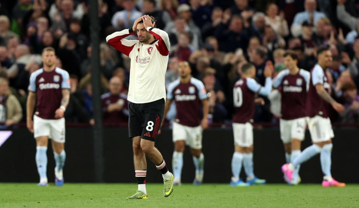Dominik Szoboszlai of Liverpool shows a look of dejection after his slip led to Ollie Watkins of Aston Villa scoring a goal to make the score 2-1.