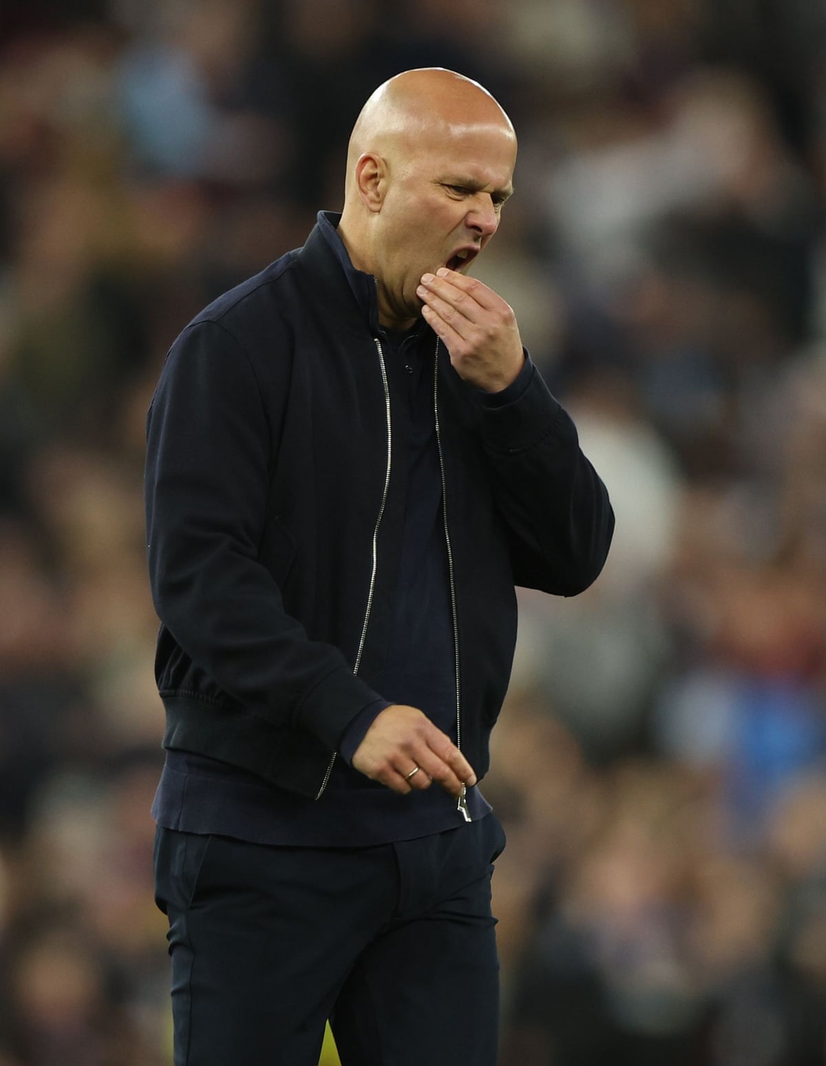 Liverpool manager Arne Slot shows a look of dejection after the 4-2 loss to Aston Villa