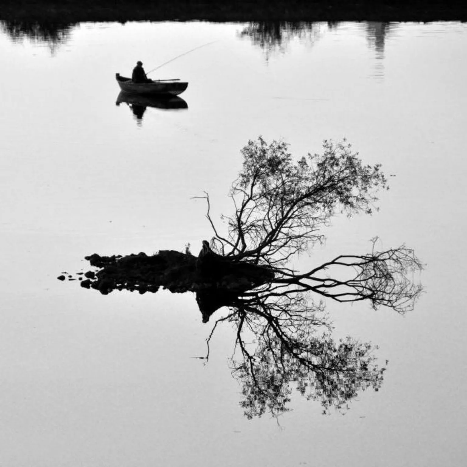 Victor Tregubov Silhouette of a fisher in a boat with a fishing road on a still loch in the evening, behind the silhouette of a small bit of land and branches protruding from the water.