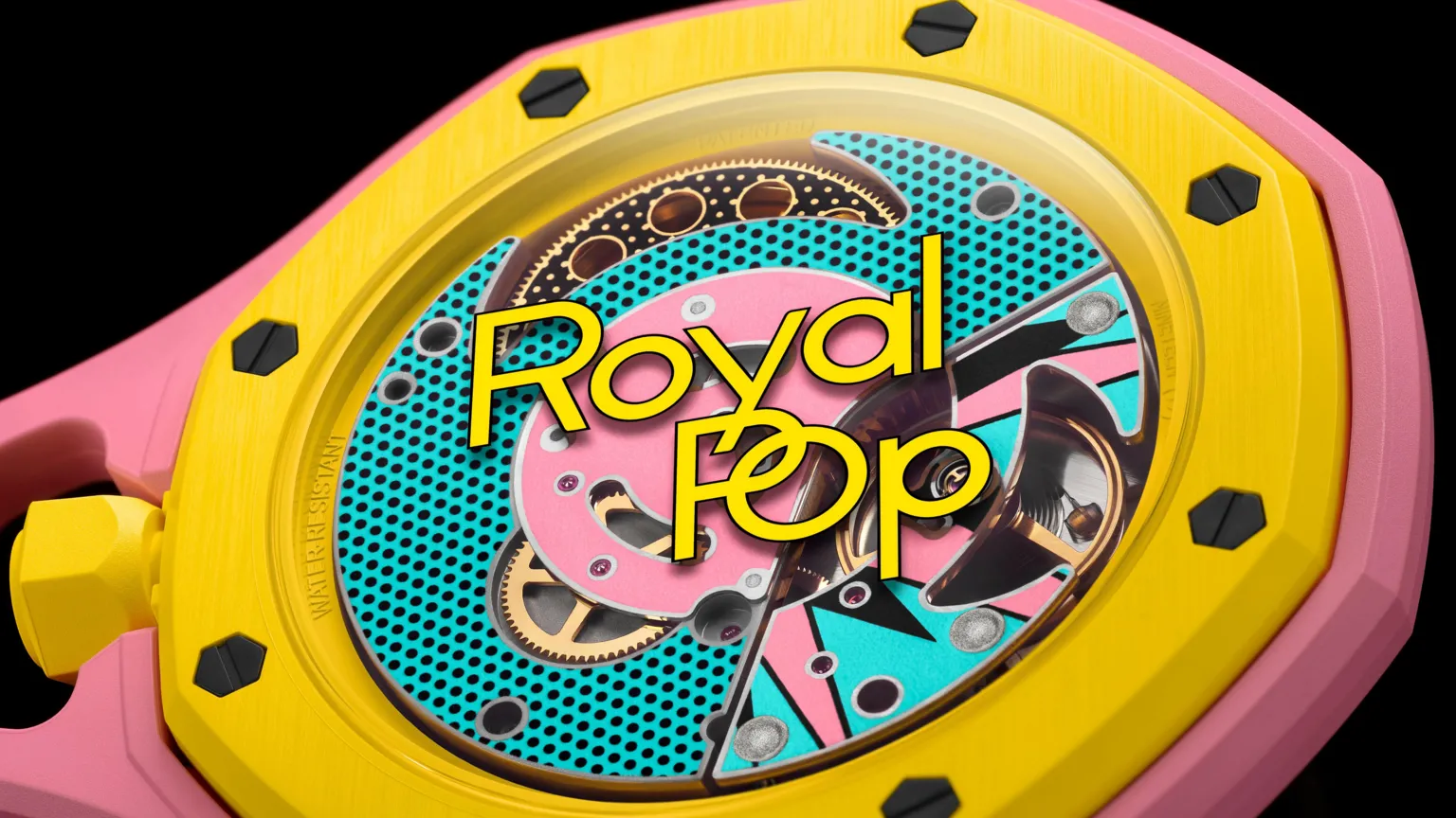 swatch A modern pocket watch with the words Royal Pop branded on the face in yellow. Dials can be seen behind the glass face, which is frame by yellow and pink outer rings.