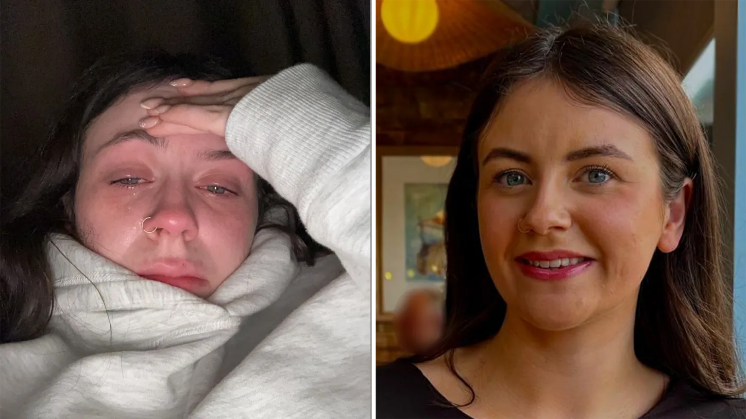 Katie Split pic of 21-year-old Katie Cook, who has long dark hair and blue eyes. On the left, Katie wears a grey hoodie and her face is tear-stained. On the right, Katie is wearing make-up and smiling at the camera.