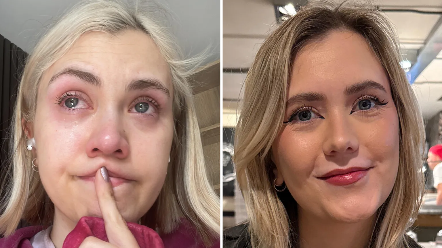Lily Split pic of 31-year-old Lily who has blonde hair and blue eyes. On the left, her face is tear-stained and she is not wearing make-up. On the right, she is smiling and wearing make-up