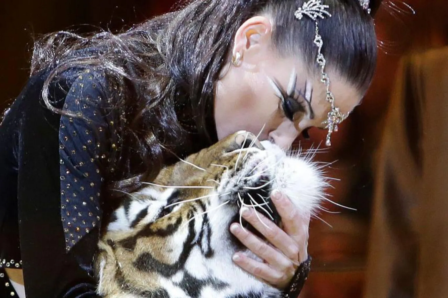 AFP via A woman kisses a tiger on stage