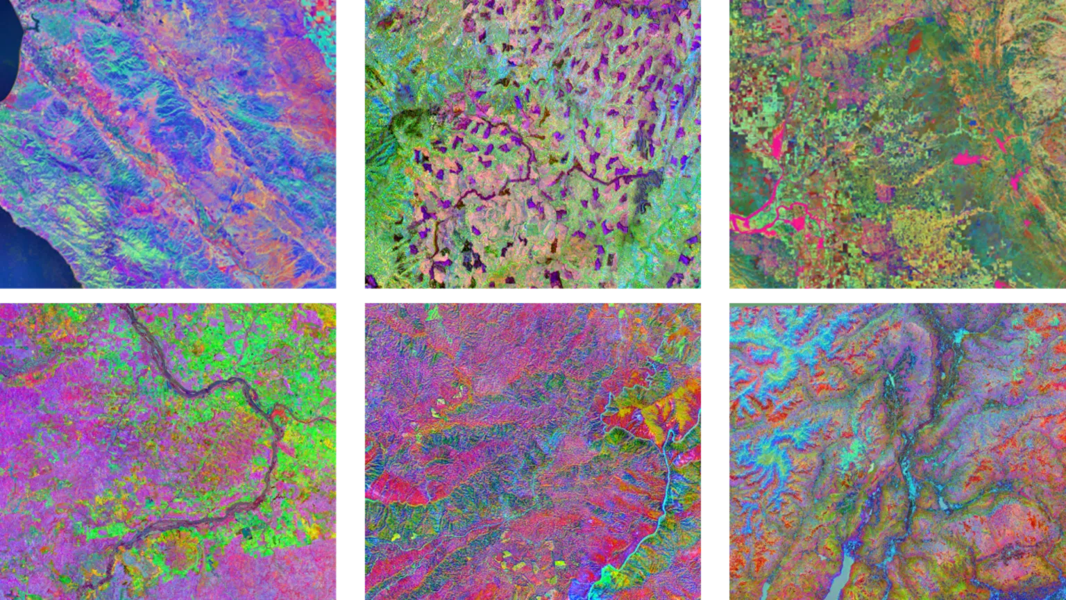 University of Cambridge A grid of six images of different locations captured with Tessera's satellite imagery show. Each image is a colourful mix of bright pink, green and blue - with the colours reflecting differences in land type and height.