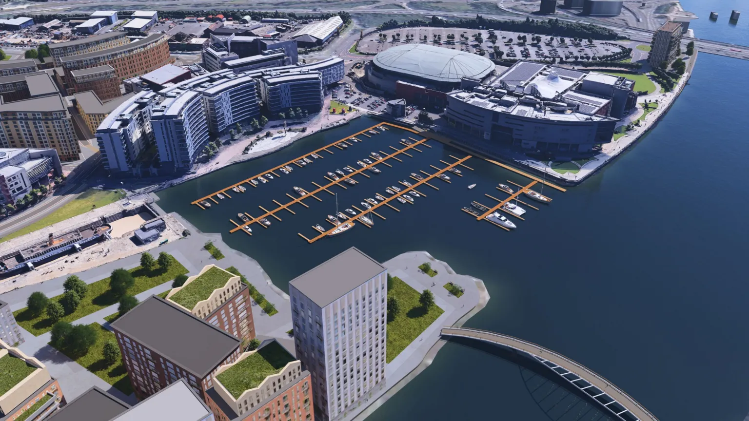 Belfast Harbour A picture showing what the proposed plans for the port may look like. The picture, taken from above, shows a harbour with boats in it surrounded by buildings.