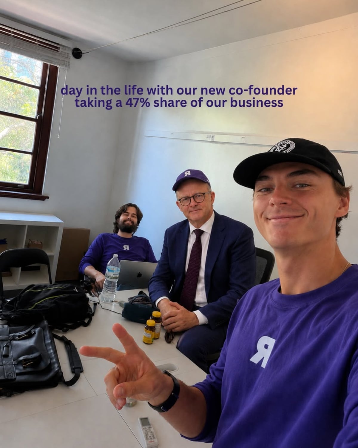 Australian entrepreneur Alfie Robertson ‘welcomes’ Albanese to his office in an AI-generated image