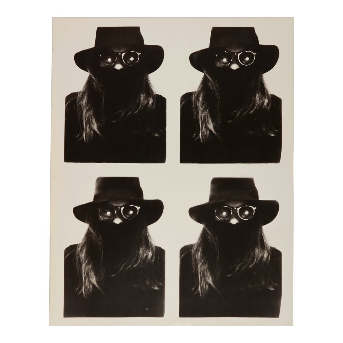 black and white photo booth strip of woman wearing black hat, mask and sunglasses