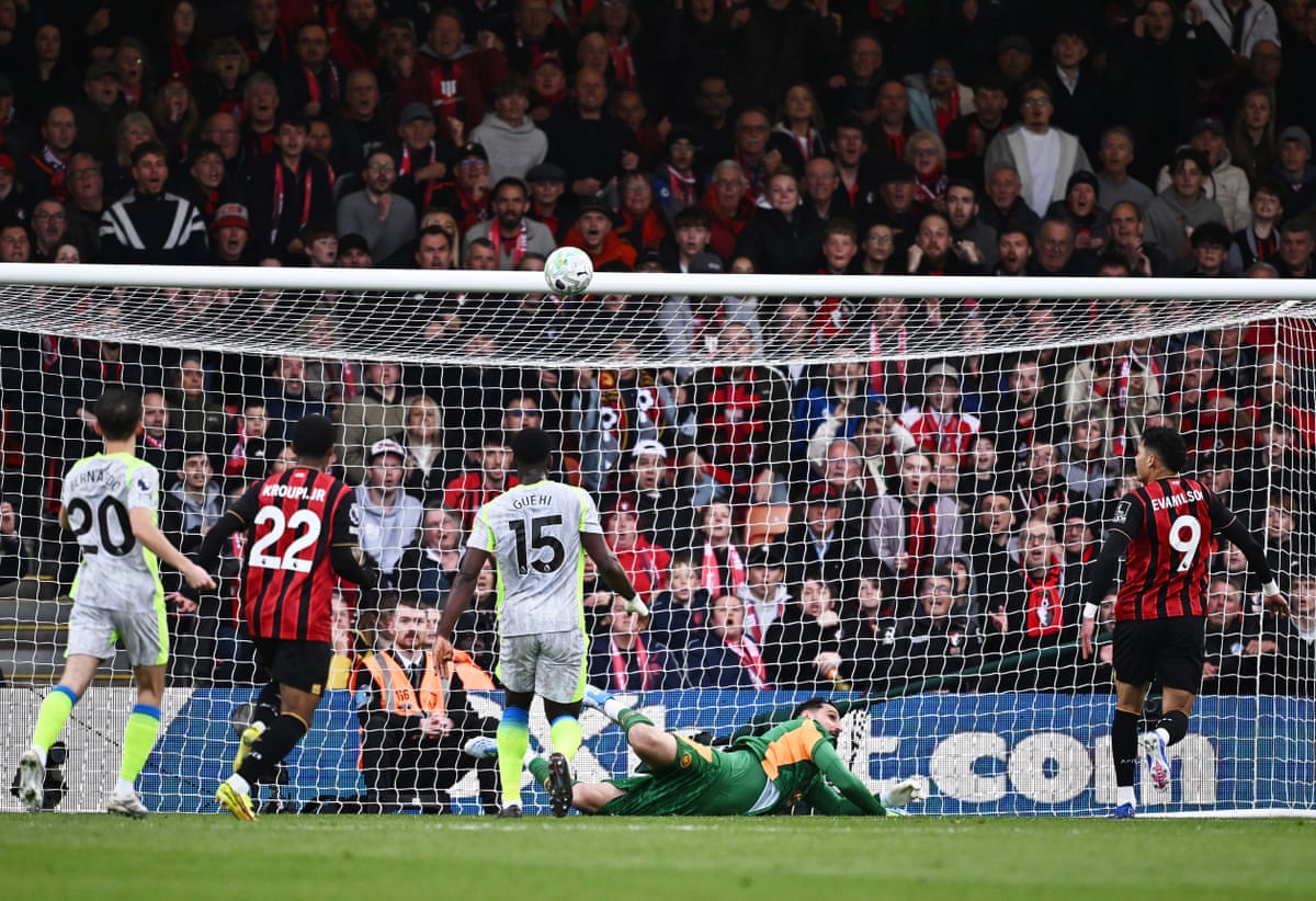 Bournemouth's Evanilson shoots over the bar.