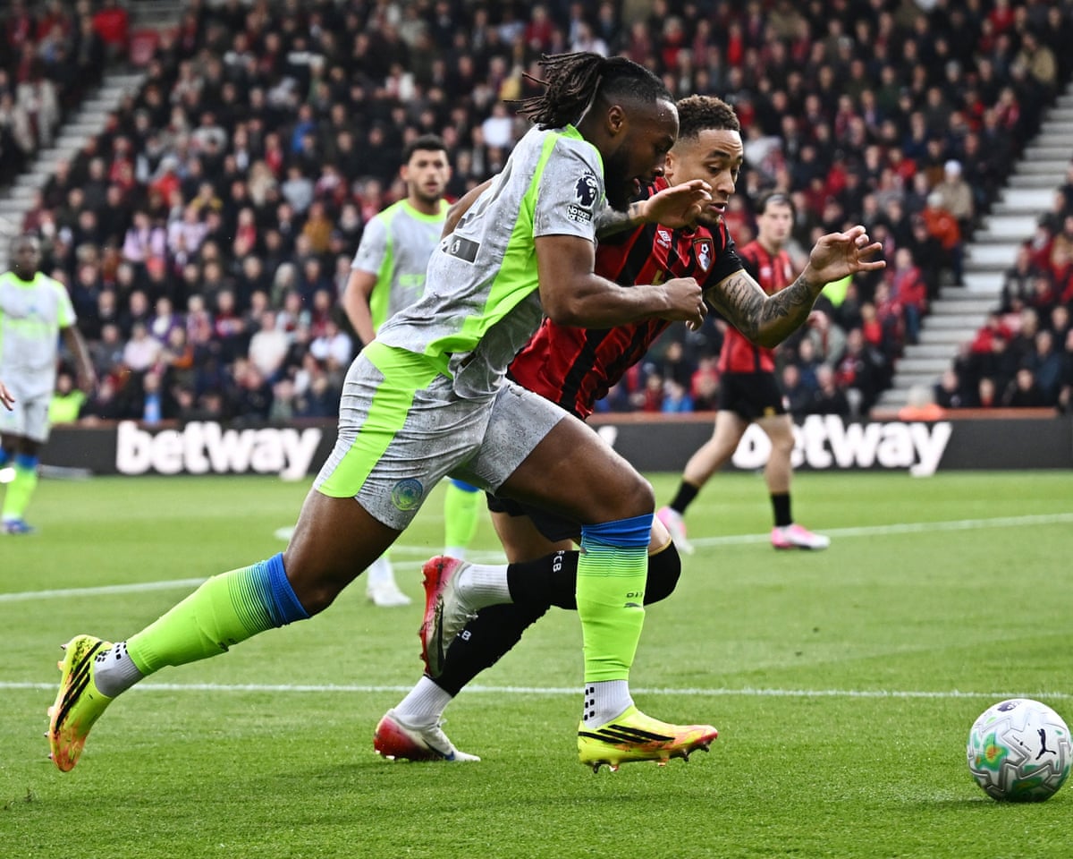 Manchester City's Antoine Semenyo attempts to get past Bournemouth's Marcus Tavernier.