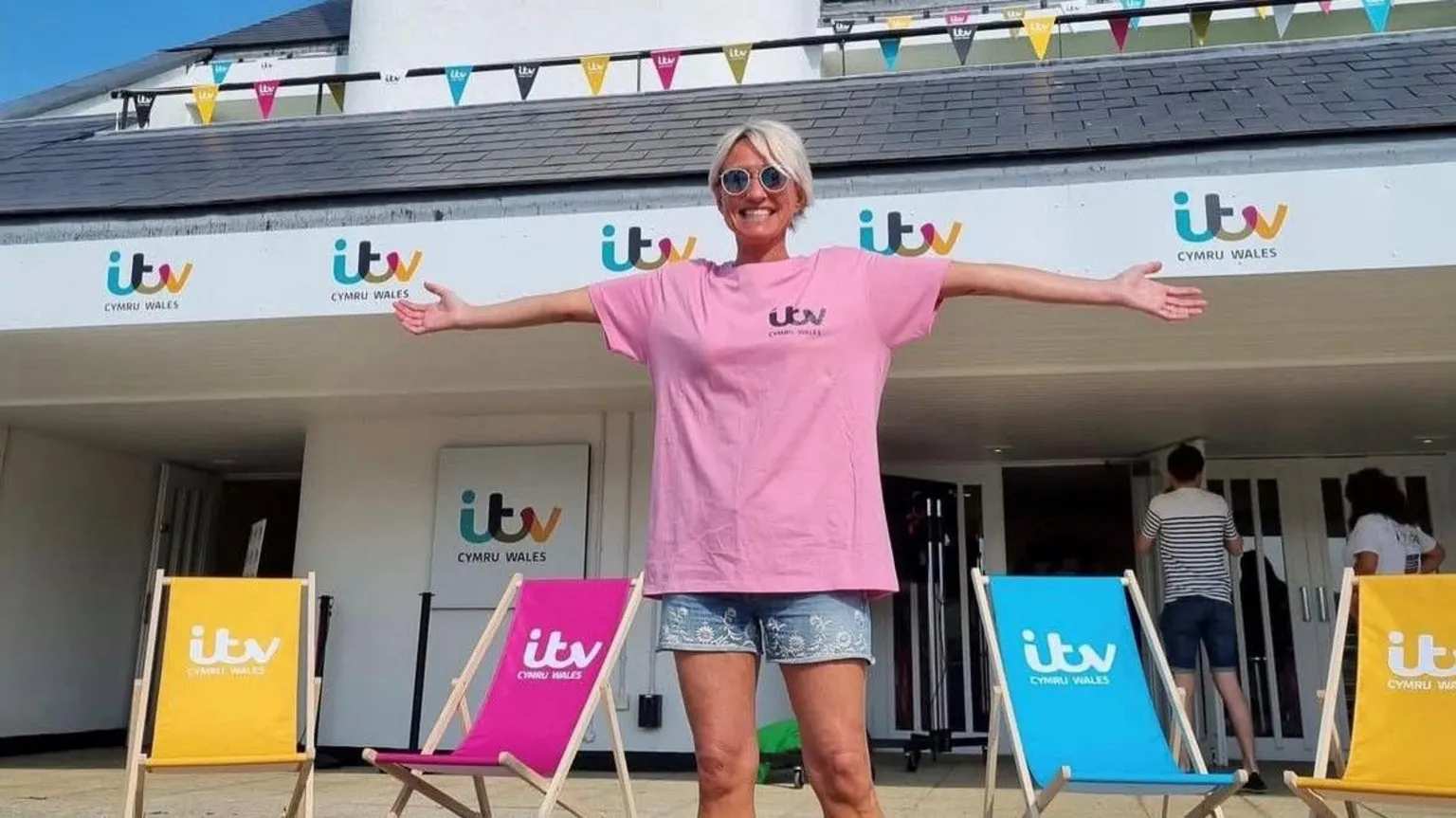 Ruth Dodsworth Ruth at the Royal Welsh Showground wearing an ITV branded t shirt with her arms outstretched