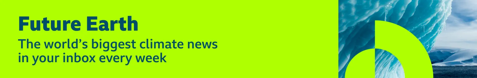 Thin, green banner promoting the Future Earth newsletter with text saying, “The world’s biggest climate news in your inbox every week”. There is also a graphic of an iceberg overlaid with a green circular pattern.