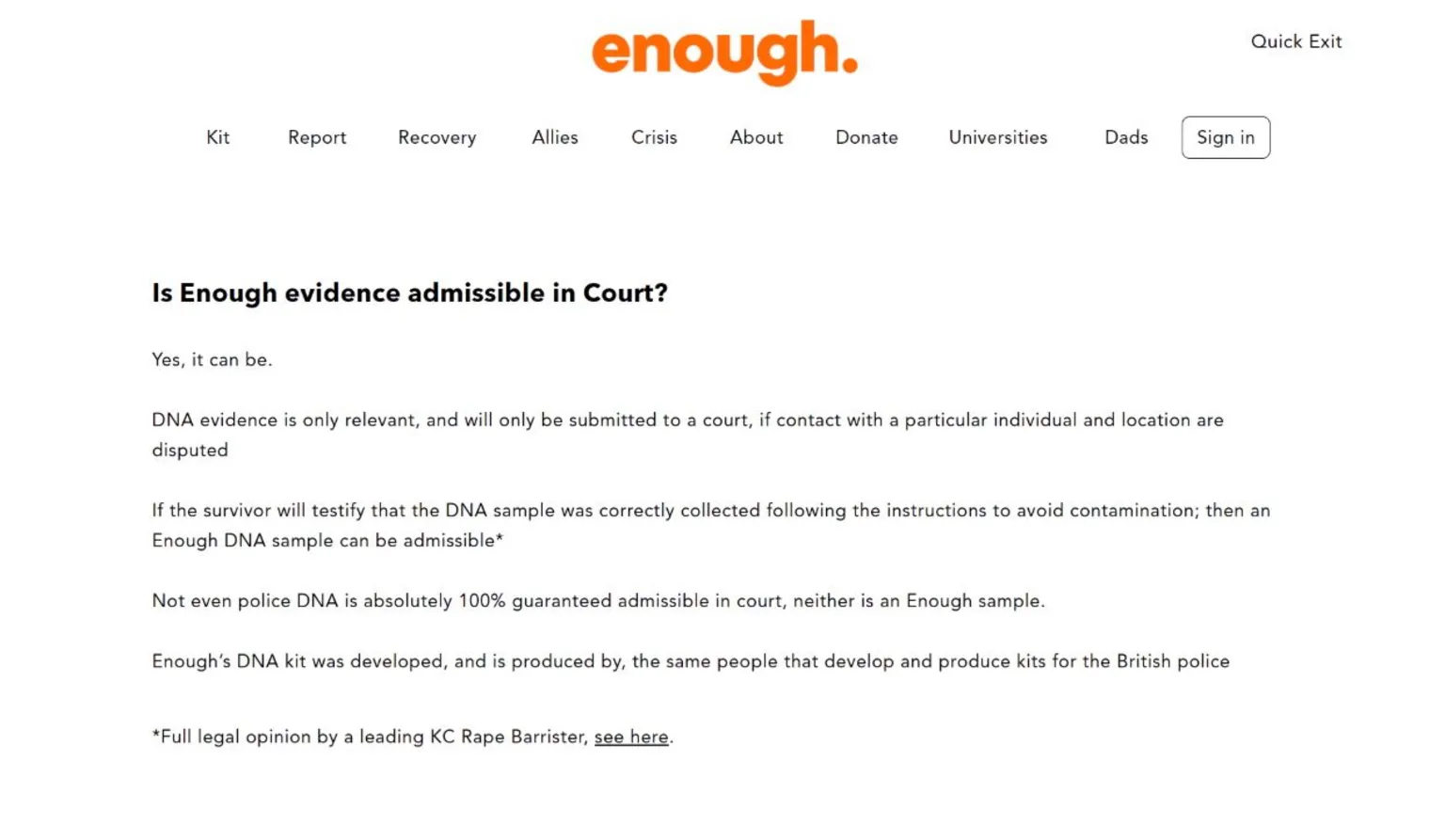 This is a screenshot from the Website enough. The heading poses the question Is Enough evidence admissible in court
