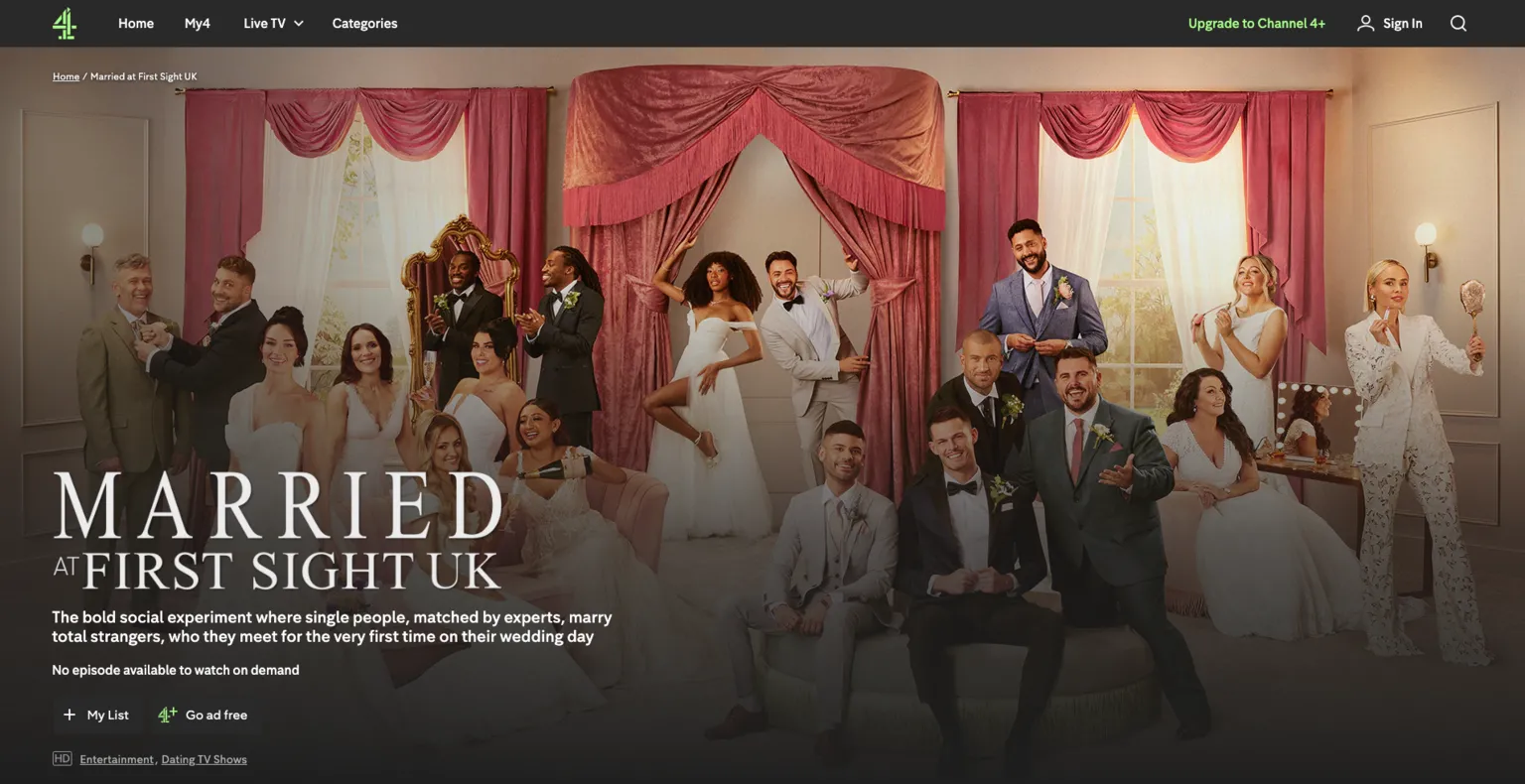  screen grab of Married at First Sight UK -- photo showing couples dressed as bride and groom involved in the show