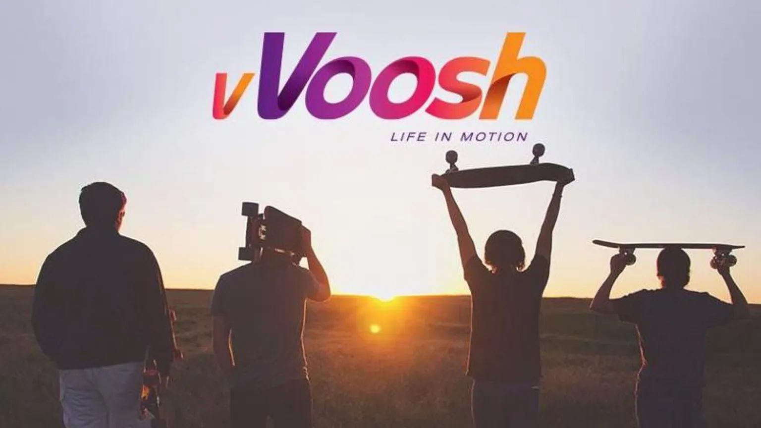 vVoosh A grab of lifestyle app vVoosh which has the tagline Life in Motion under the logo and is set against the backdrop of four skateboarders walking towards the sunset.