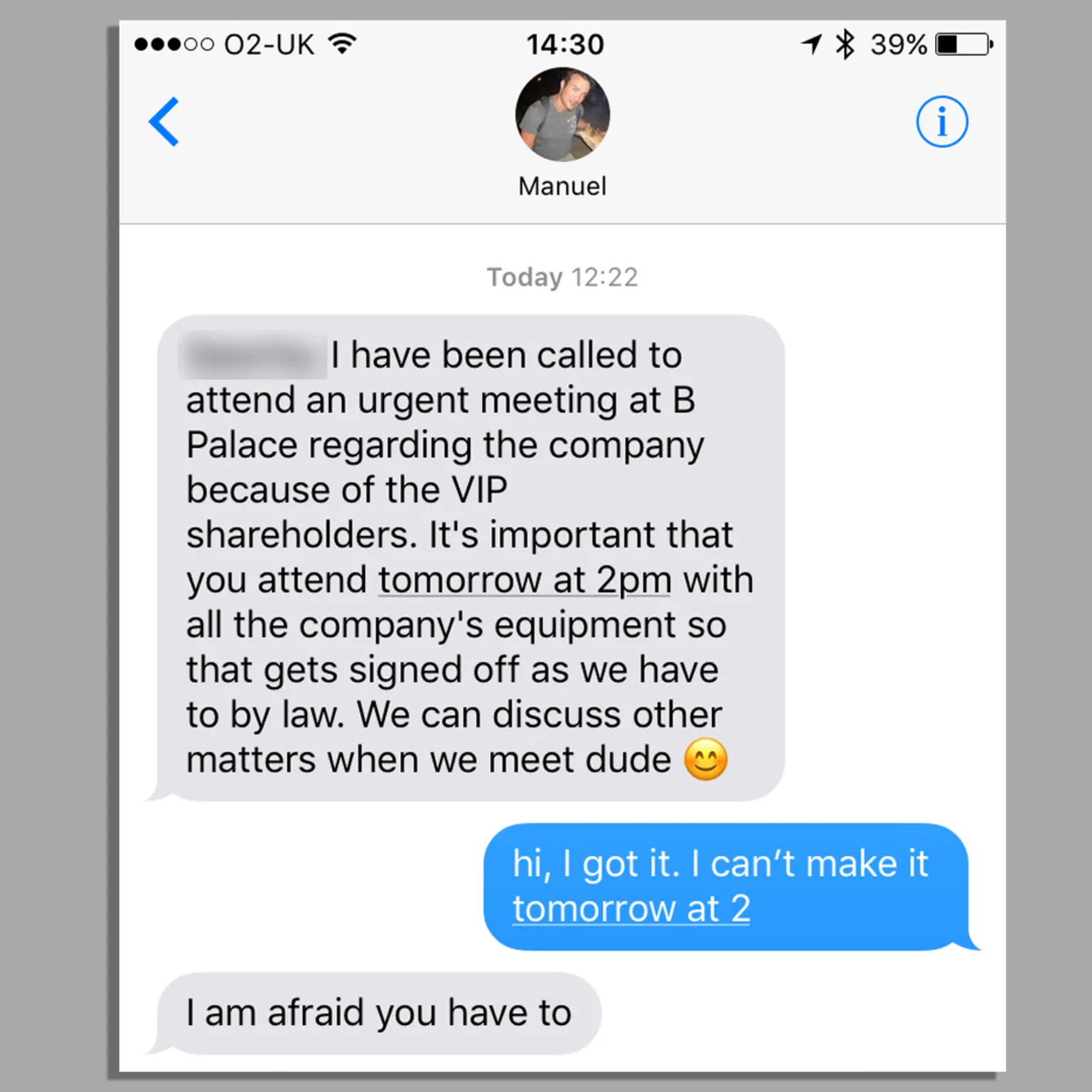 Grab of a WhatsApp chat between Manuel and a senior staff member who worked at vVoosh for six years. He received a WhatsApp message from Fernandez saying he [Fernandez] had been called to 