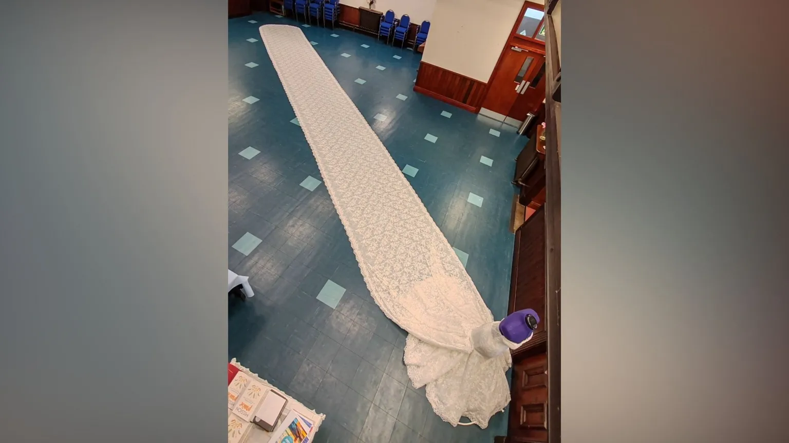 Sew In Love The full train stretched out in the church hall