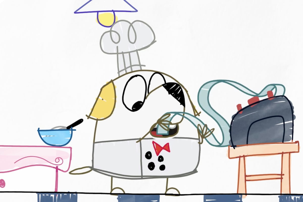 A cartoon dog wearing a bow tie. A bowl is on the left and a machine spitting out paper is on the rights
