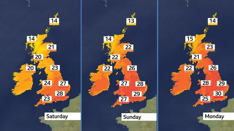 Three colour temperature maps of the UK showing a range of maximum temperatures. On the left, Saturday temperatures showing 14-28 Celsius. In the centre, Sunday temperatures show 13-29 Celsius. On the right, Monday temperatures showing 14-30 Celsius.