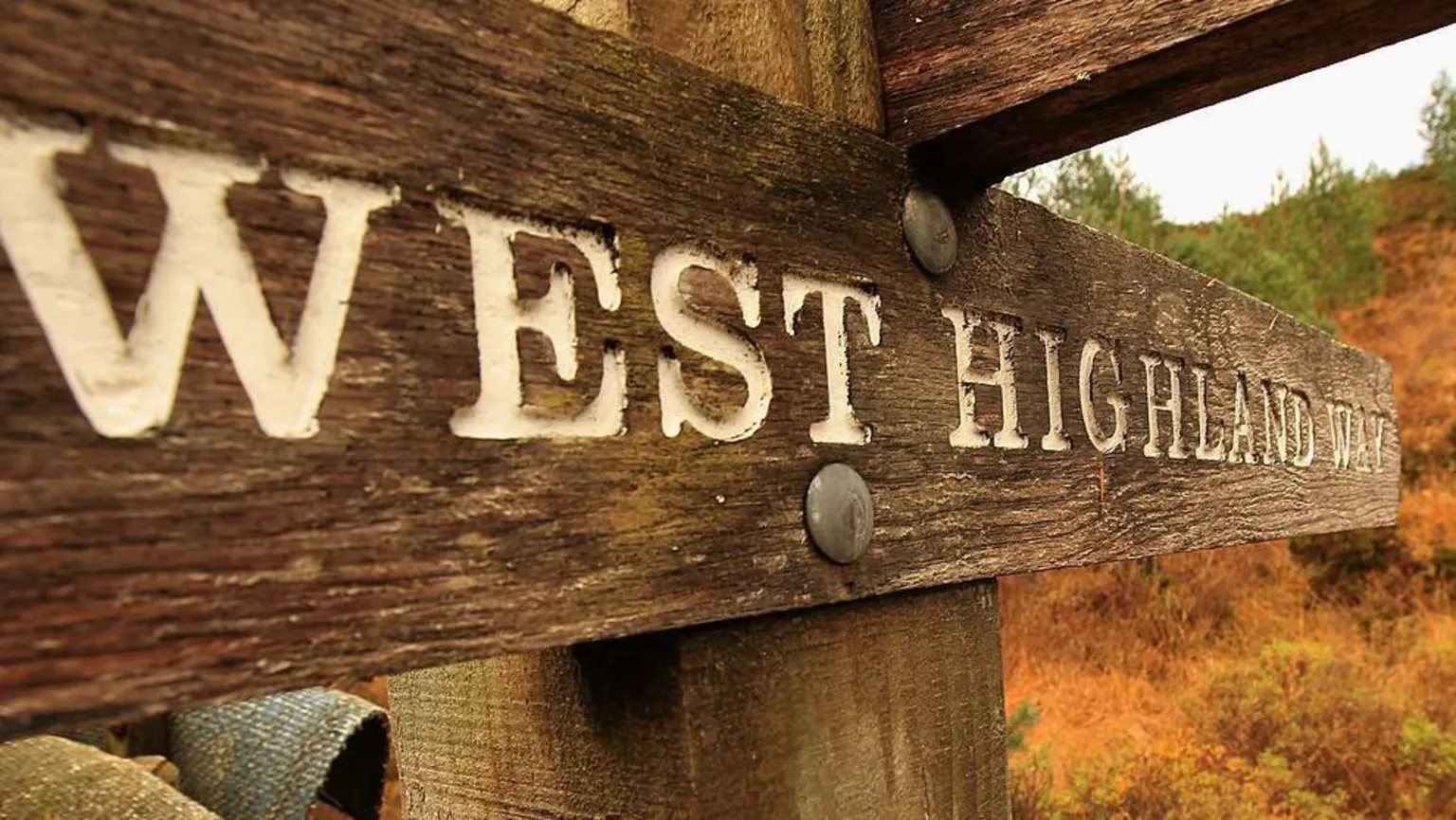 A wooden sign on the West Highland Way directing people where to go. In white lettering the sign reads:
