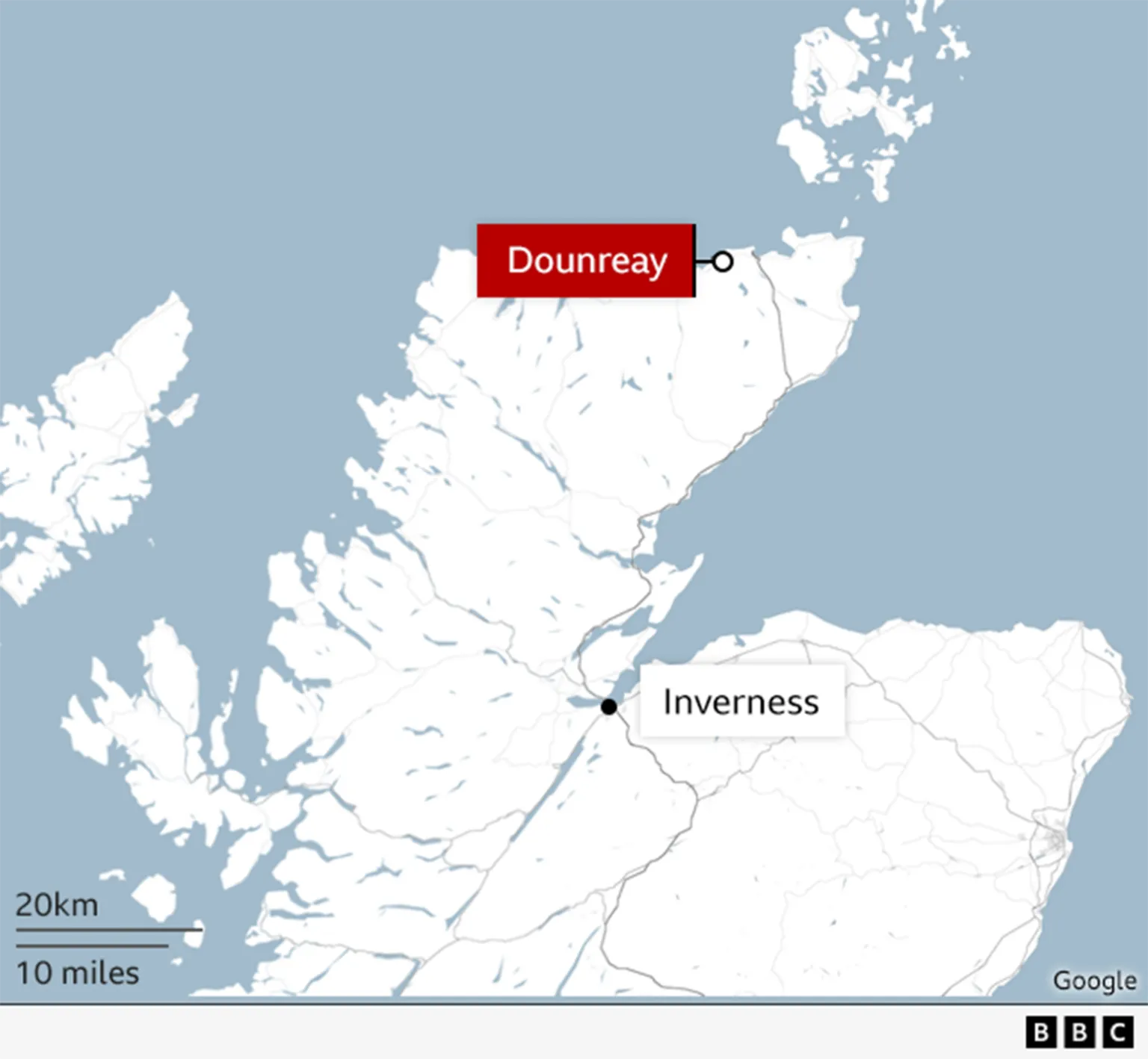 A map of Scotland showing the locations of Inverness and Dounreay.