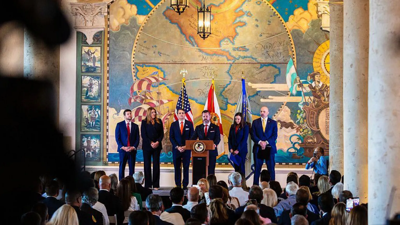  James Uthmeier, Florida's attorney general, from left, Madeline Pumariega, president of Miami Dade College, Todd Blanche, acting US attorney general, US attorney Jason A. Reding Quiñones, Senator Ashley Moody, a Republican from Florida, and Christopher Raia, deputy director of the Federal Bureau of Investigation (FBI), during a news conference at Freedom Tower in Miami, Florida, US, on Wednesday, May 20, 2026