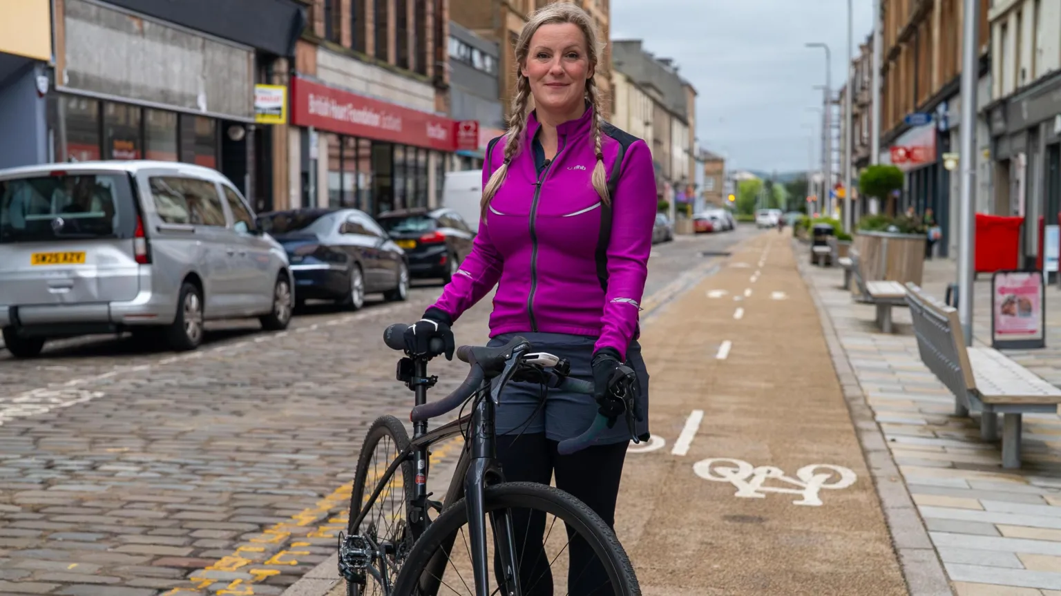 A woman with blonde hair tied into plaits wearing a purple cycle jacket. She is holding a bike in front of her and is standing on a cycle lane in a town centre.