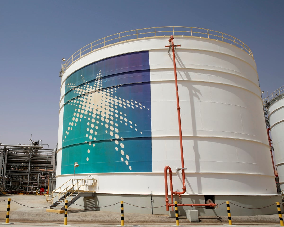 An Aramco oil tank is seen at the Production facility at Saudi Aramco’s Shaybah oilfield in the Empty Quarter, Saudi Arabia
