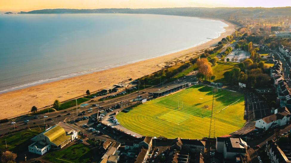Aerial view of St Helen's rugby ground and Swansea Bay