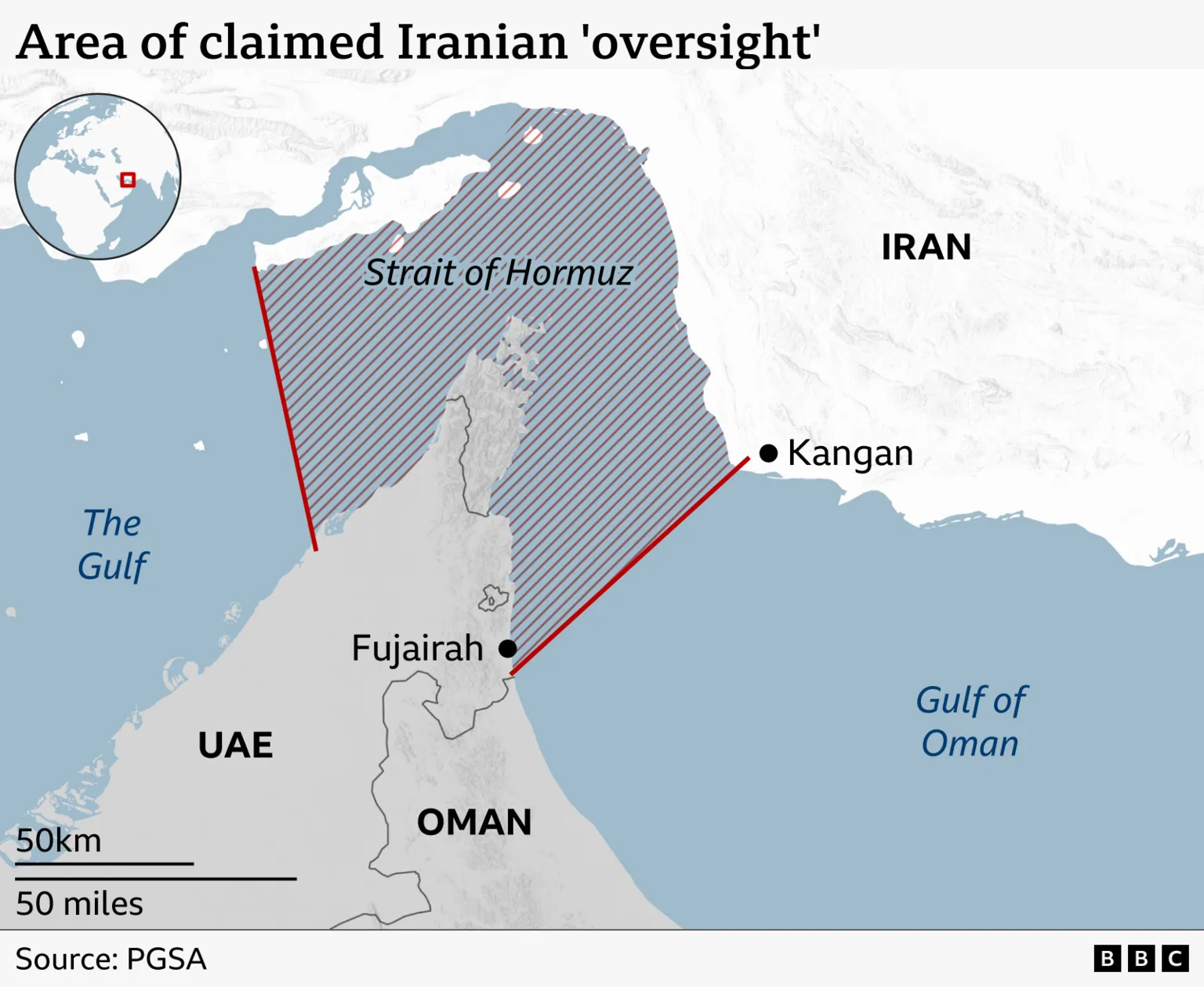 A map showing the area of claimed Iranian