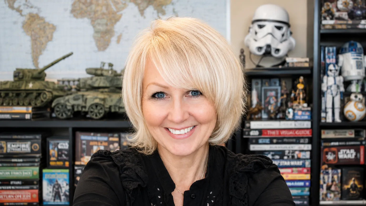 Dennie Smith Dennie Smith with a blonde looks into the camera and smiles. Behind her are models of tanks and Star Wars merchandise.