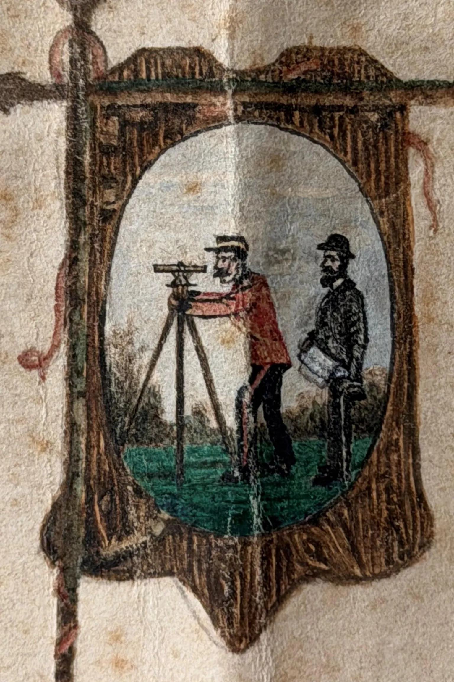 Maggie O'Farrell Closer look at the detail on the map shows O'Farrell's great great grandfather with a British soldier in a red coat looking through a theodolite