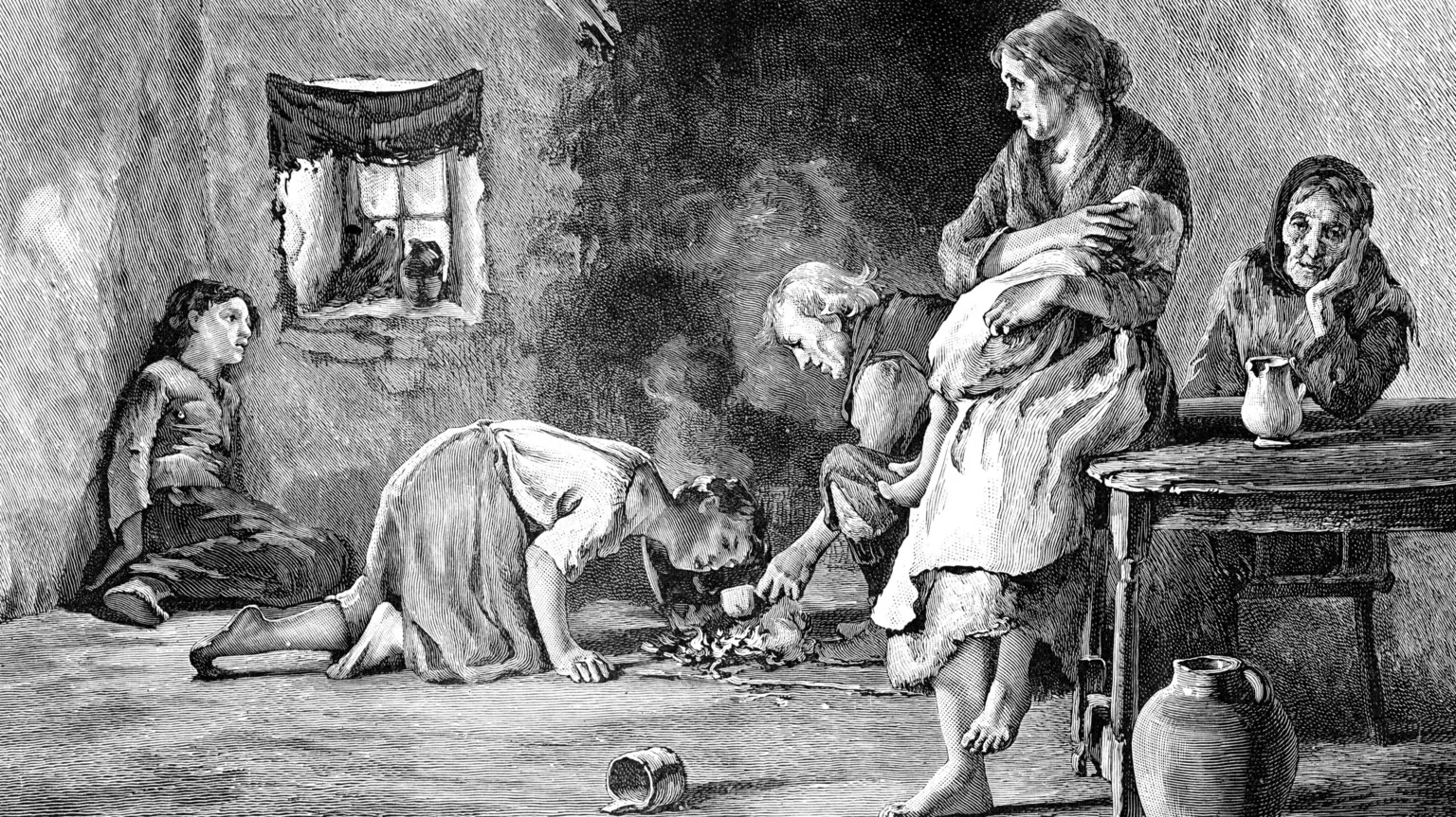 Black and white illustration showing a family's hut. All emaciated. Child on the far left, lethargic, sitting leaning against the wall. Girl in the middle trying to get a scrap of drink. Mother holding her baby looking anxious. Elderly woman behind her seated, hand on her chin looking weary