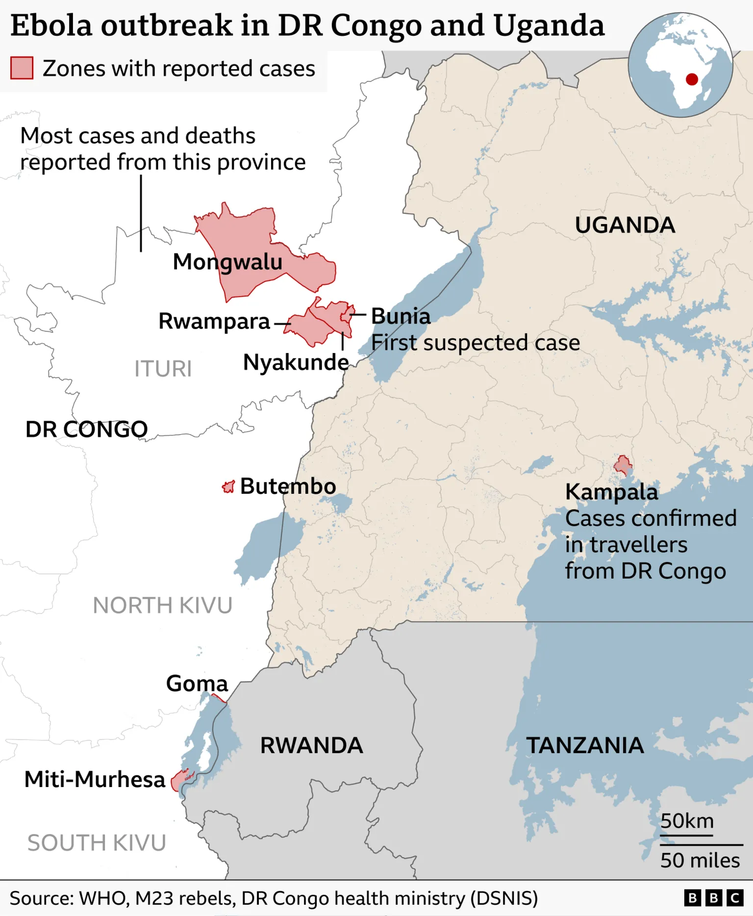 Map titled “Ebola outbreak in DR Congo and Uganda,” showing locations of reported cases in eastern Democratic Republic of Congo and parts of Uganda. Areas with cases are highlighted in red. In DR Congo, the main cluster is in Ituri Province, labelled as having “most cases and deaths,” including regions such as Mongwalu, Rwampara, Nyakunde, and Bunia (marked as the site of the first suspected case). Additional smaller red-marked locations appear around Butembo, Goma, and Miti Murhesa. Across the border in Uganda, a small highlighted area near Kampala is labelled “Cases confirmed in travellers from DR Congo.” Major geographic features include Lake Albert on the border and Lake Victoria in southern Uganda. Surrounding countries, including Rwanda and Tanzania, are also labelled. 
