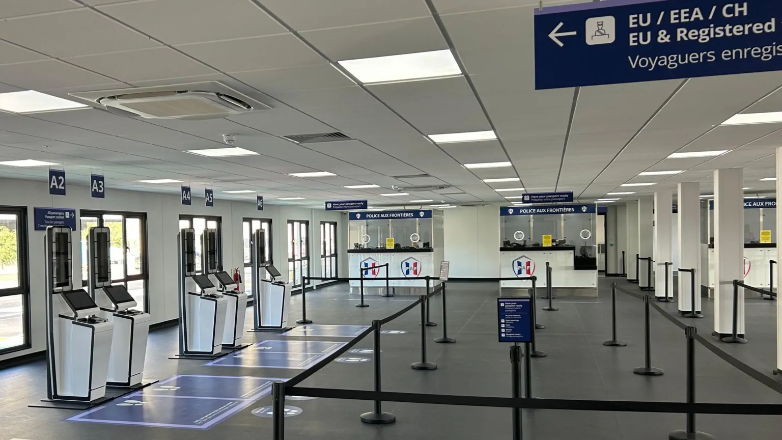  A newly built room for border controls, housing automatic machines that will be used to register fingerprints and photos under the Entry Exit System, and booths for French border police. The machines are not yet in use.